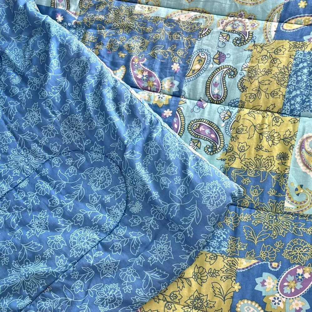 1980s Blue Paisley Full Comforter Sham Reversible Mod Patchwork Vintage Cottag